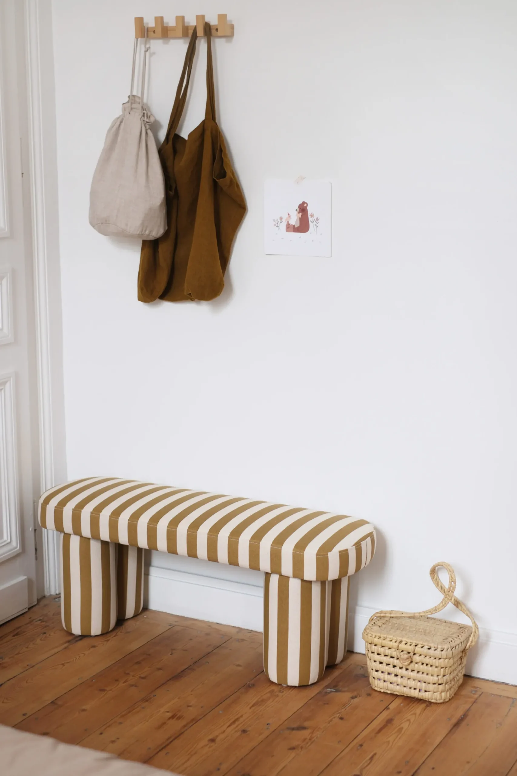 Banc enfant rayé caramel écru